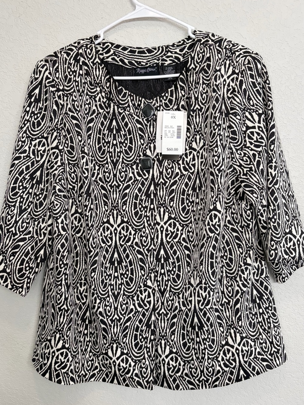 Maggie Barnes Black and White Patterned Button Front Cape Jacket